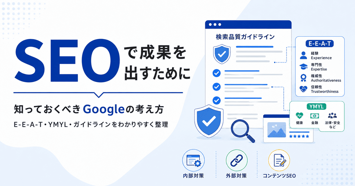 SEOで成果を出すための鍵となるGoogleの考え方や、E-E-A-T、YMYLの概念についての解説画像