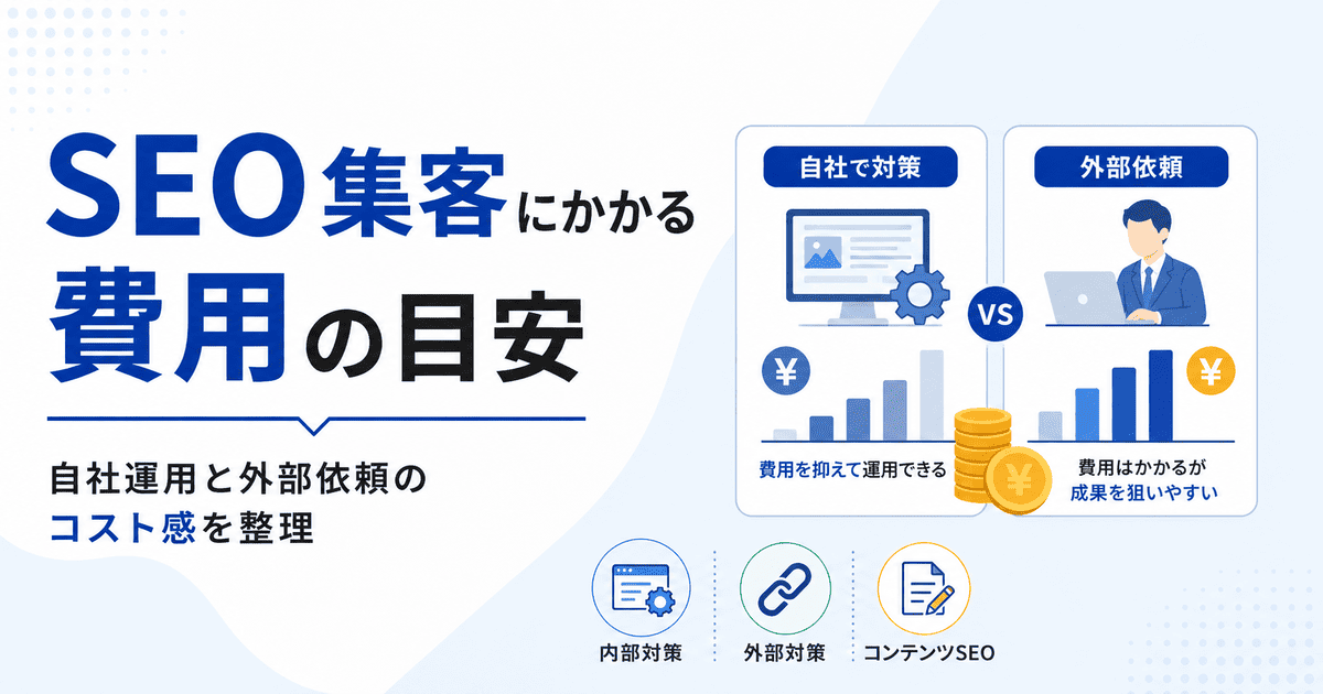 SEO集客にかかる費用の目安について、自社運用と外部依頼のケースを比較した図解